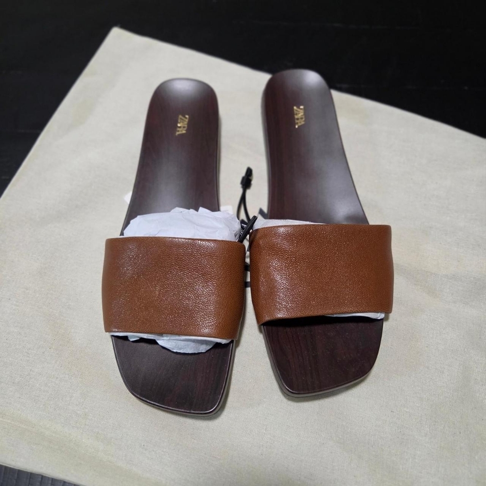 Zara Tan Leather Wide-Band Slide Mules